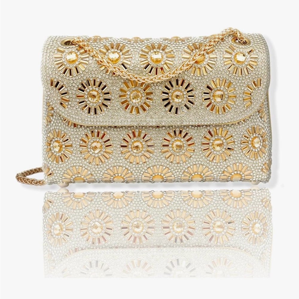 Gold Embellished Evening Clutch with Chain Strap